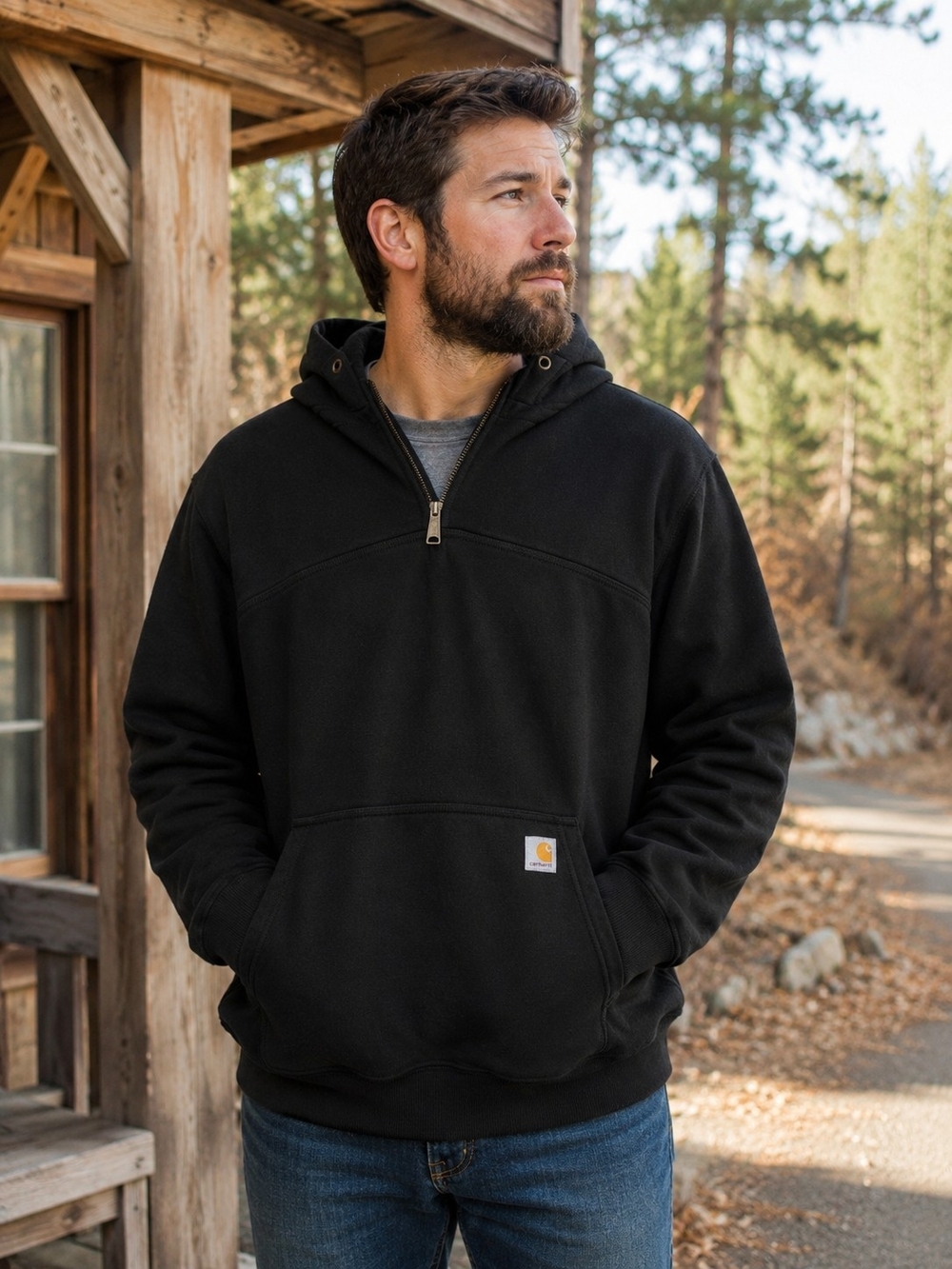 Carhartt Original Fit Hooded 1/4 Zip Hoodie Black Men's L Heavyweight